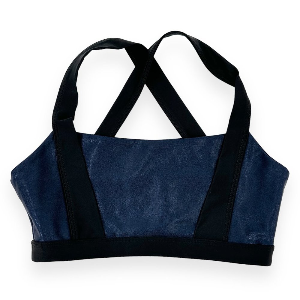 EMILY HSU Navy Blue & Black Shimmer Criss Cross Sports Bra sz M